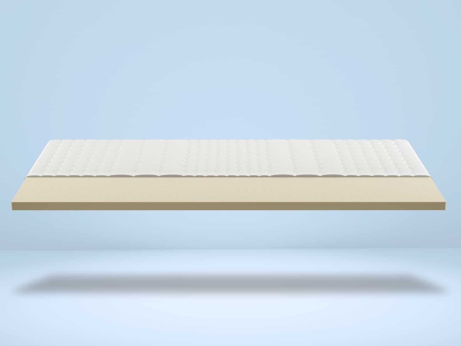 Weicher, weißer Latex-Topper auf weißem Hintergrund, seitliche Ansicht