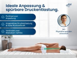 Premium Latex Topper in Weiß, auf einer Person liegend, mit Text zu Druckentlastung und Komfort