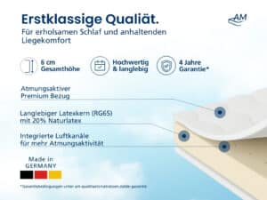 Premium Latex Topper, weiß, 6 cm hoch, mit atmungsaktivem Bezug und 4 Jahre Garantie