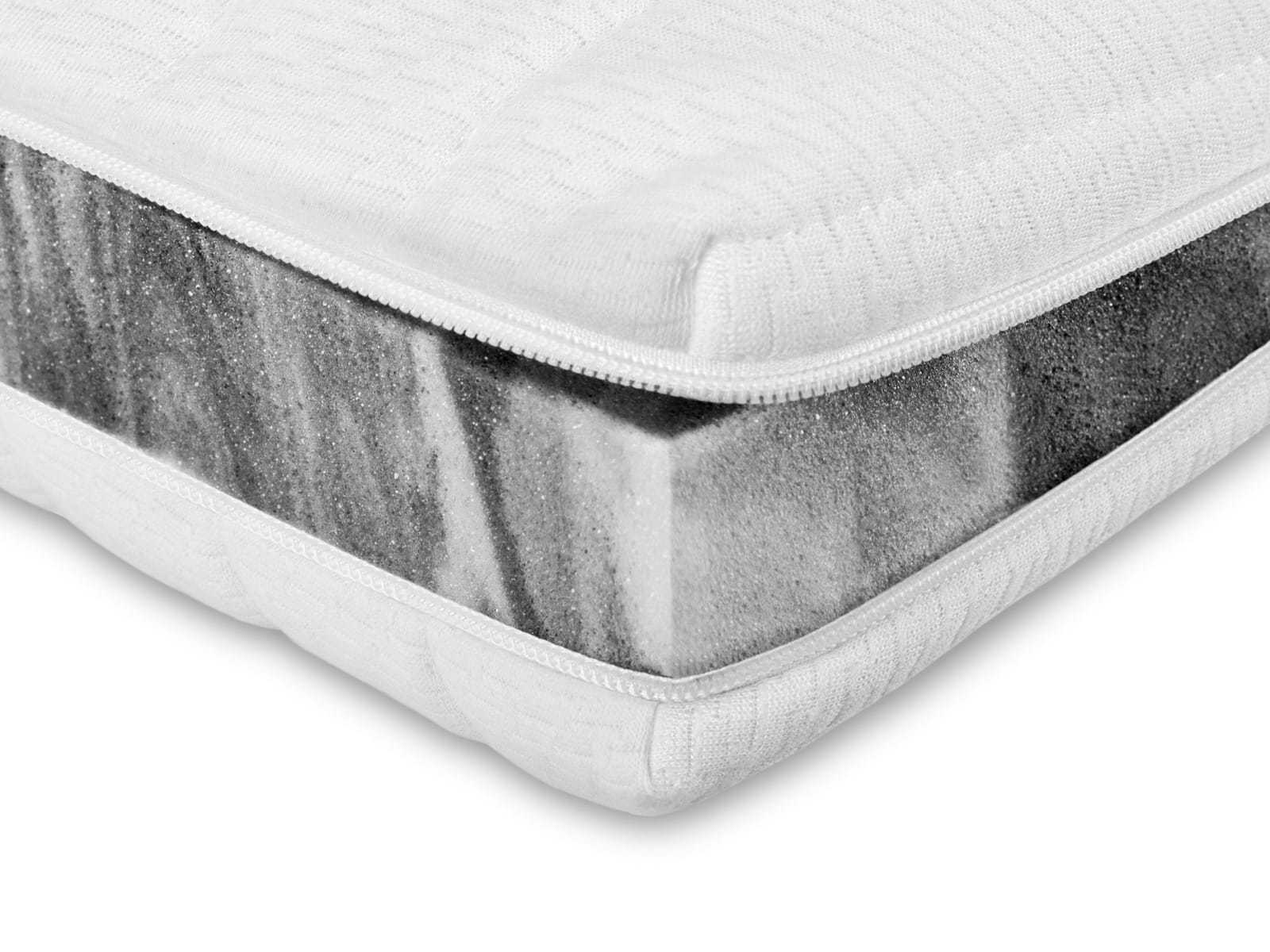 Produktbild eines weißen Topper mit grauer Rückseite auf einer Matratze
