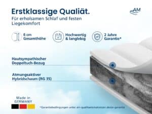 Produktbild eines weißen Topper mit 6 cm Höhe, Hybrid-Schaumstoff, Doppelbettgröße, deutsche Qualität