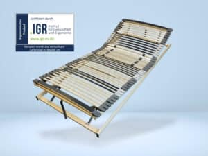 Lattenrost kf mit verstellbarem Kopf- und Fußteil, Holzrahmen und elastischen Latten, auf weißem Hintergrund