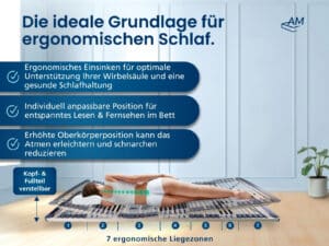 Produktbild eines Lattenrosts mit Holzrahmen und verstellbaren Lamellen, auf einem Bettgestell liegend.