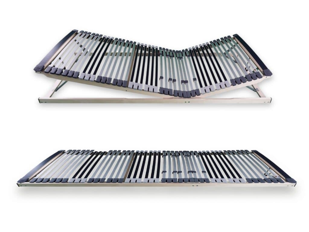 Lattenrost, starr und verstellbar, mit Holzrahmen und verstellbaren Latten, Ansicht von oben.