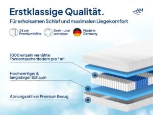 Premium Taschenfederkernmatratze mit 1000 Federn, 24 cm Höhe, atmungsaktivem Bezug und langlebigem Schaum.