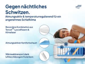 Premium Taschenfederkernmatratze mit 1000 Federn, atmungsaktiv, temperaturregulierend, kombiniert Tencel™ und Komfortschaum.