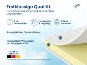 Premium Visco Topper in Hellgelb mit hochwertigem Viscoschaum und 6 cm Höhe