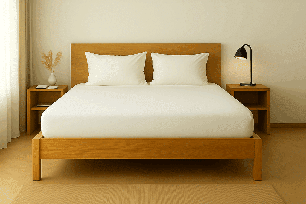 White fitted sheet on a double bed with wooden frame and white pillows.