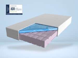 Premium Gelschaummatratze in Weiß, mit herausnehmbarem blauen Bezug und mehrlagigem Aufbau