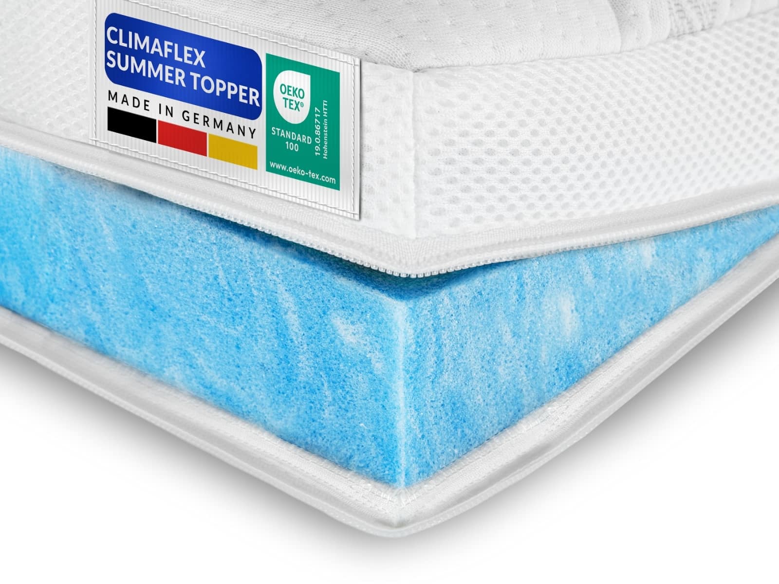 ClimaFlex Topper Tencel, weiß, mit blauer Schutzfolie, Nahaufnahme der Matratzenauflage