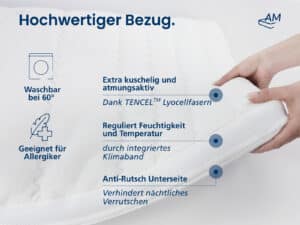 Tencel Bezug in Weiß mit Produktmerkmalen und Pflegehinweisen auf weißem Hintergrund
