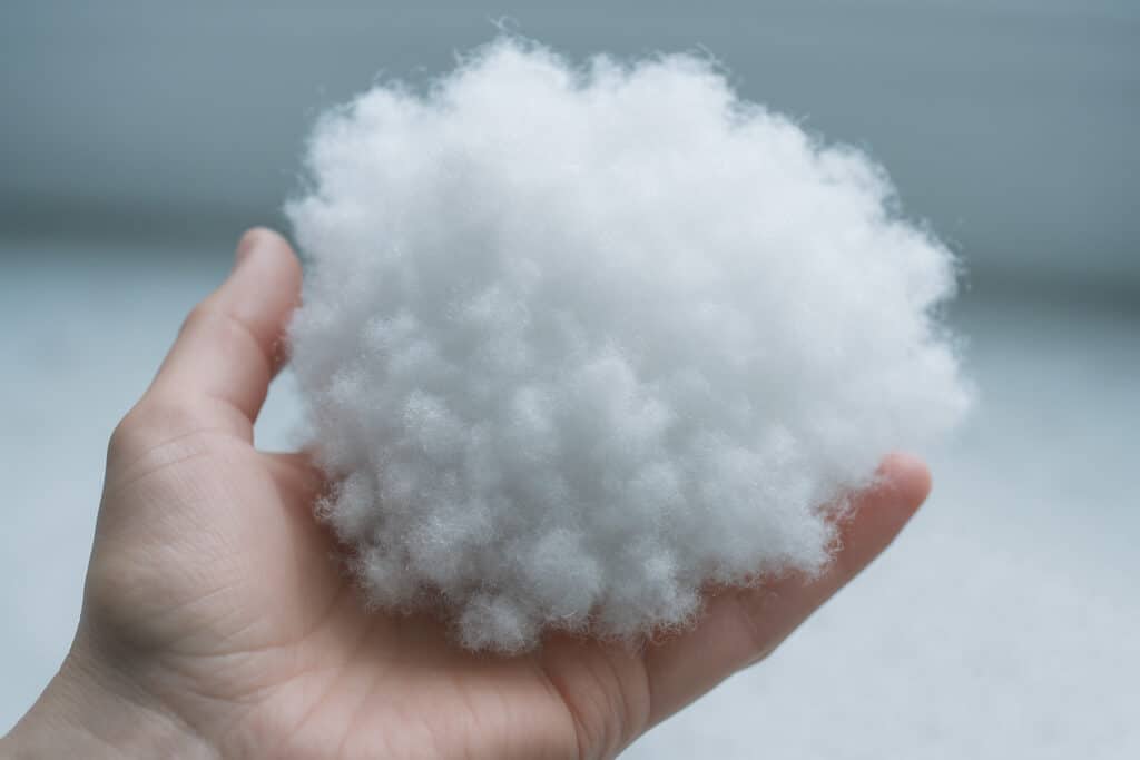 Weiche, weiße Mikrofaser-Füllung für Sensofill-Produkte in Hand.
