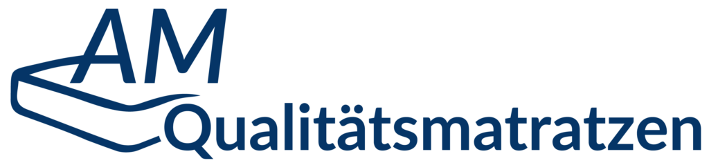 Logo von AM Qualitätsmatratzen in Blau, zeigt den Schriftzug und eine stilisierte Matratze.