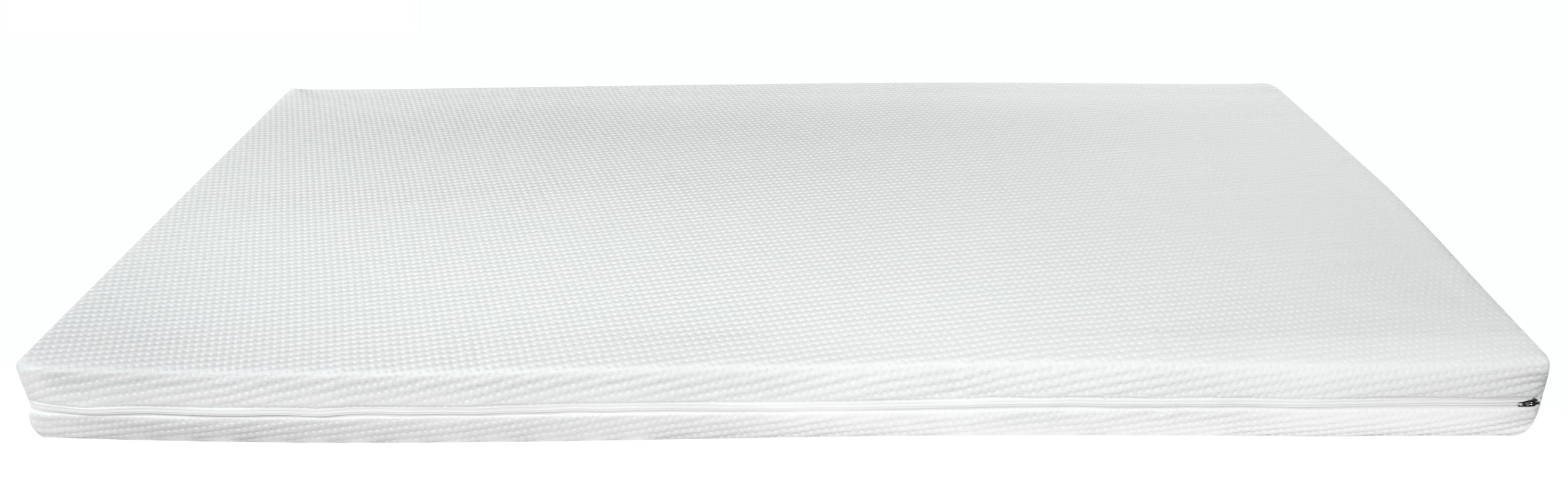 Weiße Babymatratze mit abnehmbarem Bezug, hypoallergen und atmungsaktiv, für sicheren Schlafkomfort.
