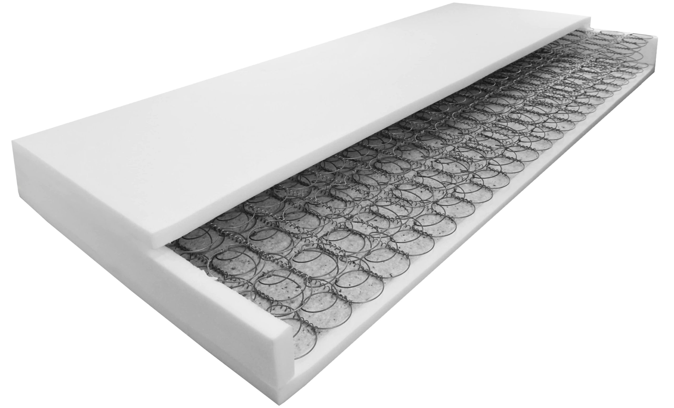 Matratze mit Taschenfederkern und weißem Schaumstoffbezug, zeigt die Innenseite mit Federn.