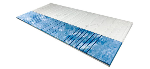 Deluxe-Gelschaum-Topper in Weiß und Blau, mit rutschfester Unterseite und punktelastischer Oberfläche für optimalen Schlafkomfort.