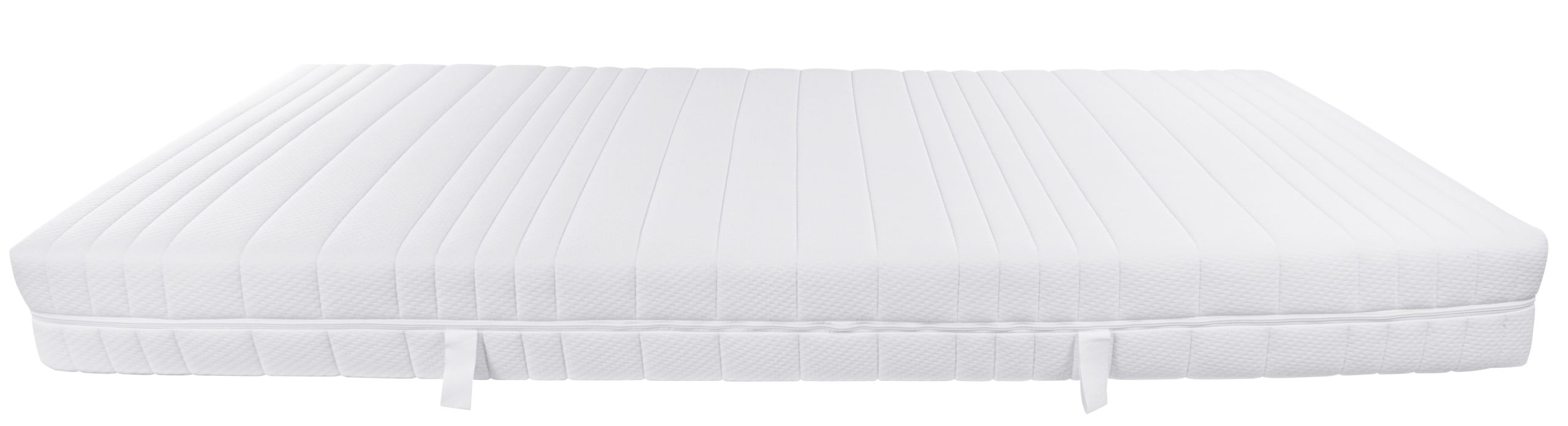 Eine weiße Federkernmatratze mit gestepptem Bezug und seitlichen Griffen für einfachen Transport.