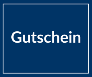 Gutschein auf dunkelblauem Hintergrund mit weißer Schrift.