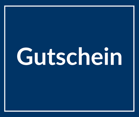 Gutschein auf dunkelblauem Hintergrund mit weißer Schrift.