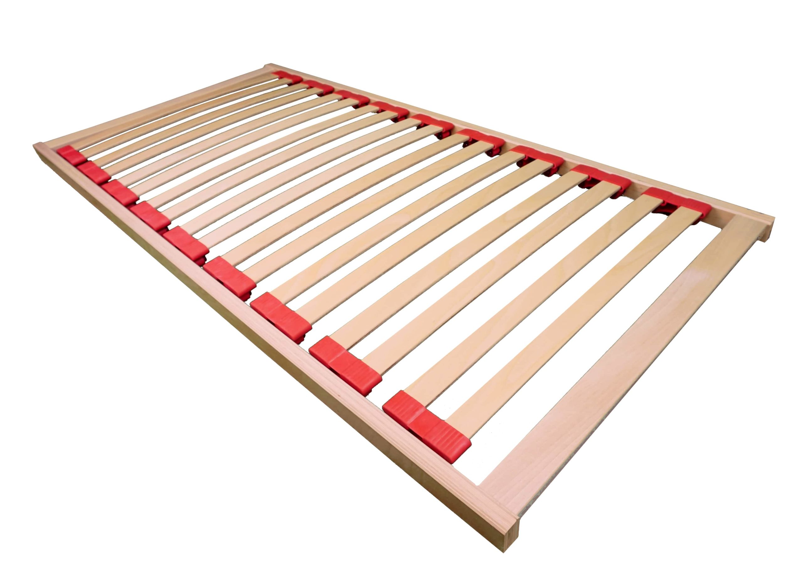 Lattenrost aus Holz mit roten Gummibändern, geeignet für Kinderbetten, stabil und flexibel.