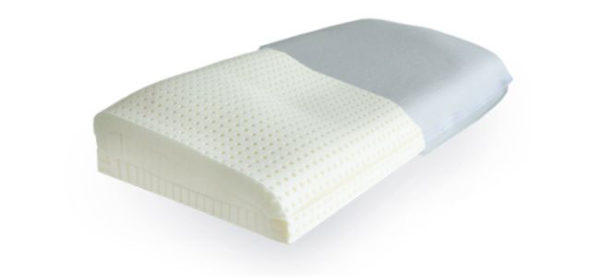 Latex-Kissen mit perforierter Oberfläche, halb weiß und halb grau, für optimalen Schlafkomfort.