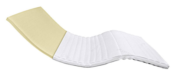 Latex-Topper aus gelbem und weißem Material, ergonomisch geformt für optimalen Schlafkomfort.