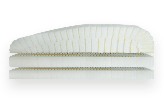 Drei Schichten aus weißem, atmungsaktivem Schaumstoff mit gezielten Vertiefungen für optimale Unterstützung und Komfort.
