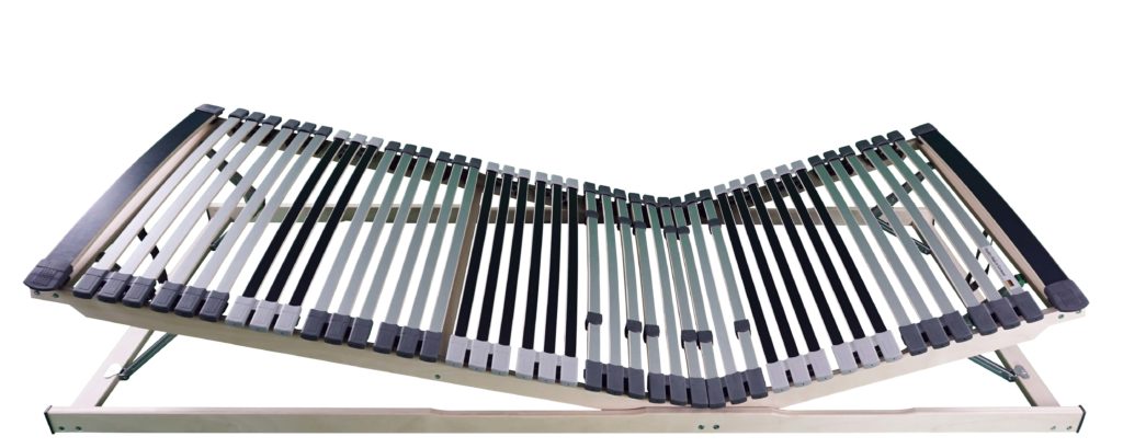 Lattenrost aus Holz mit flexiblen Leisten, verstellbar in der Höhe, für optimale Matratzenunterstützung.