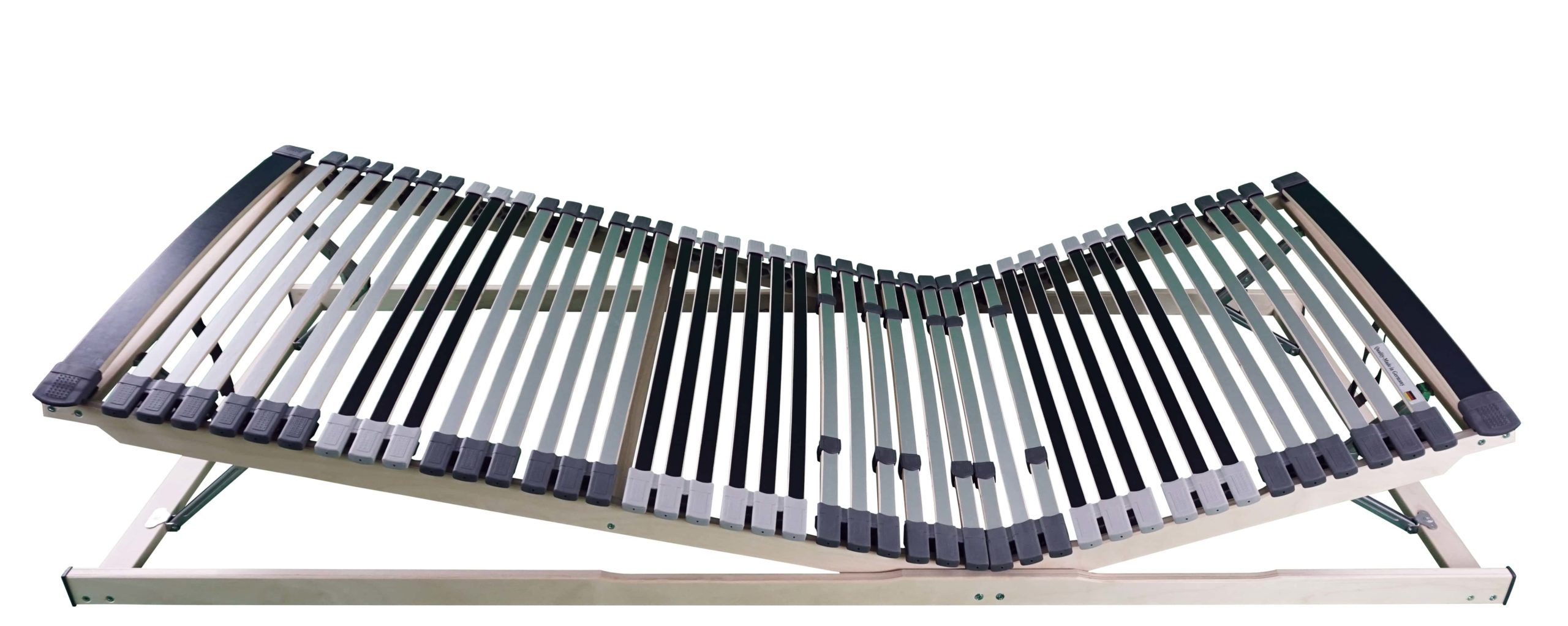 Lattenrost aus Holz mit flexiblen Leisten, verstellbar in der Höhe, für optimale Matratzenunterstützung.