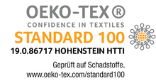 Oeko-Tex Standard 100 Siegel, bestätigt schadstofffreie Textilien, mit Zertifikatsnummer 19.0.86717 Hohenstein HTTI.