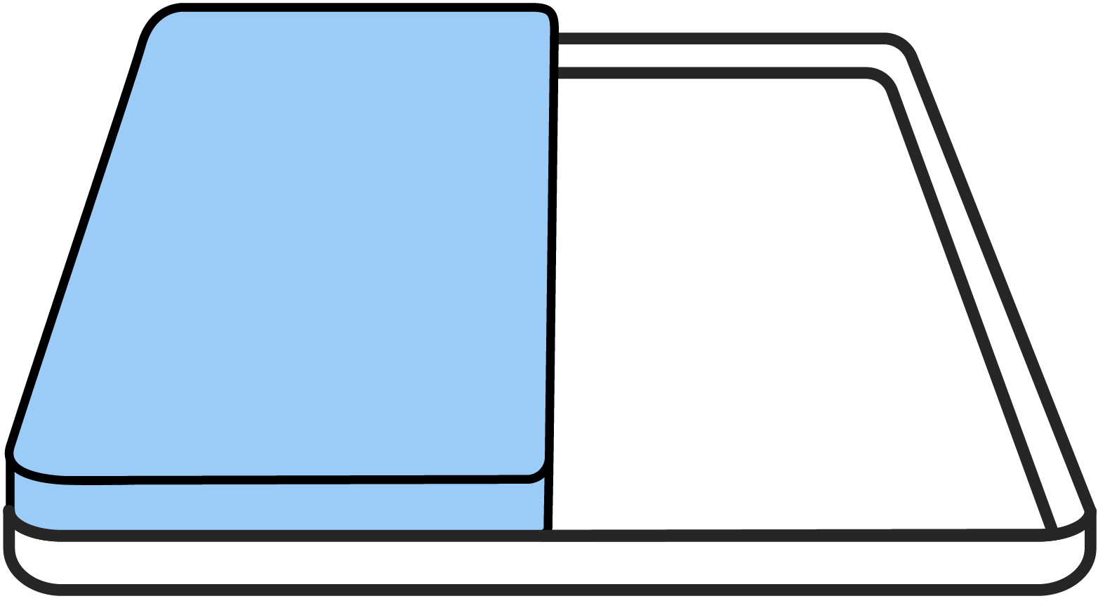 Eine blaue Partnermatratze mit abgerundeten Ecken, die auf einer weißen Unterlage liegt.