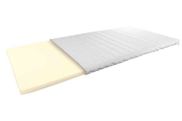 Viscotopper-Matratzenauflage mit weißem Bezug und gelbem Viscoschaum, ideal für zusätzlichen Schlafkomfort.