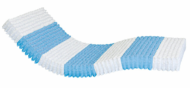 Eine flexible Matratze mit blauen und weißen Schichten aus Taschenfederkern für optimalen Schlafkomfort.