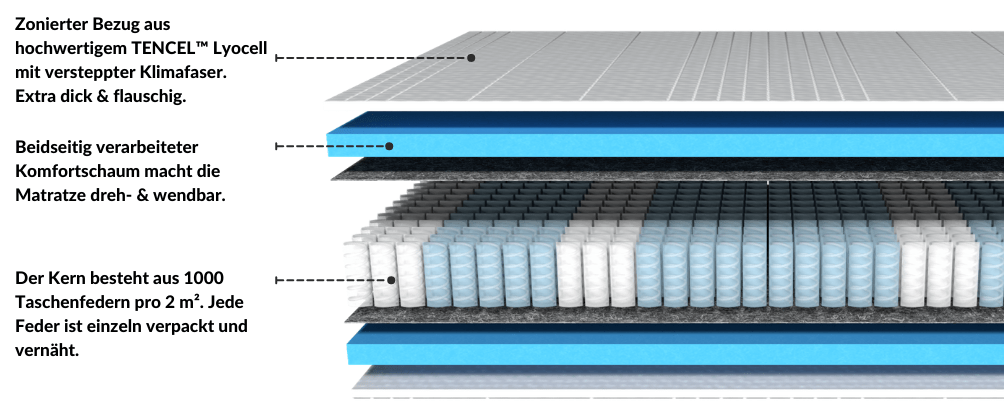 Schnittansicht einer Matratze mit TENCEL™ Lyocell Bezug, Komfortschaum und 1000 Taschenfedern pro m².