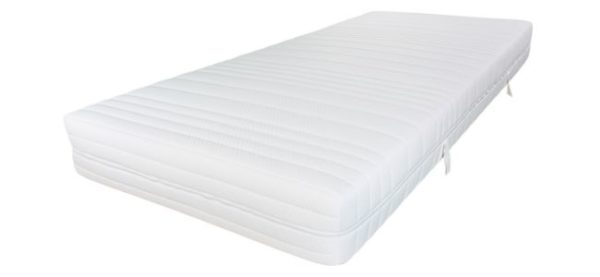 Mattress in white, 90x200 cm, with quilted cover and side handles for easy transportation.