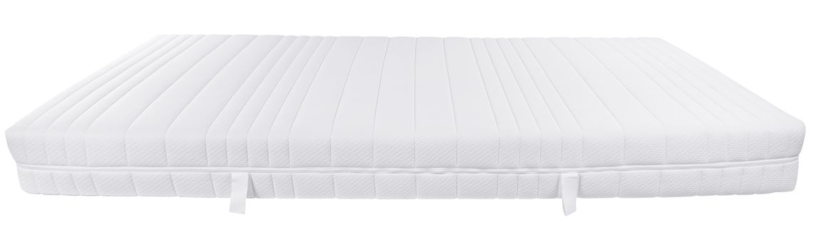 Seitenansicht einer weißen Matratze mit gestepptem Bezug und zwei Griffen an den Seiten.