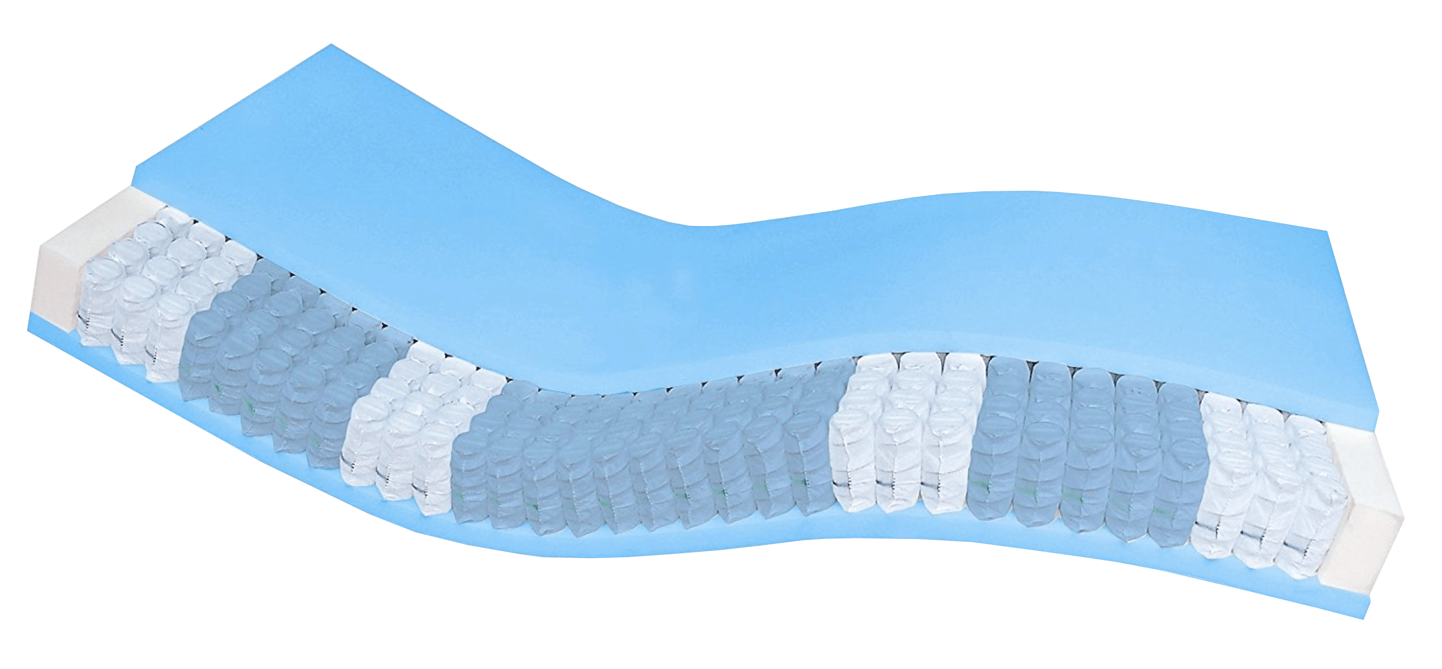 Matratze mit blauer Oberseite und transparenten Taschenfedern, ergonomisch geformt für optimalen Schlafkomfort.