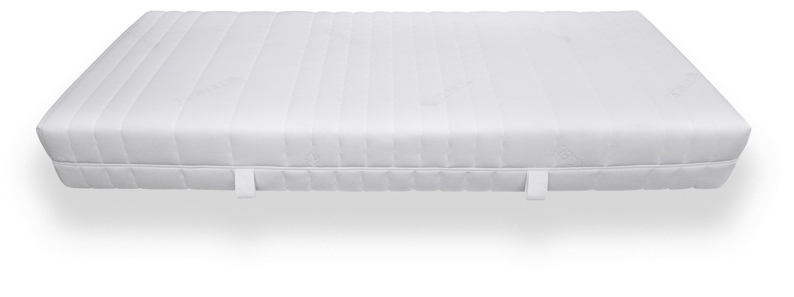 Eine weiße Matratze mit gestepptem Bezug und seitlichen Griffen, geeignet für verschiedene Schlafpositionen.