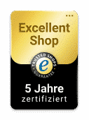Goldenes Siegel mit der Aufschrift "Excellent Shop" und "5 Jahre zertifiziert" von Trusted Shops.