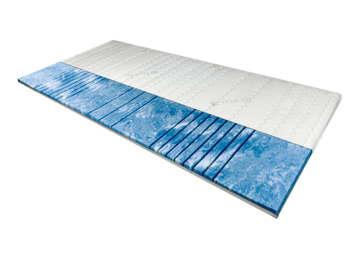 Gel-Topper in Weiß und Blau, mit gestepptem Obermaterial und strukturiertem, kühlem Gelbereich für besseren Schlafkomfort.