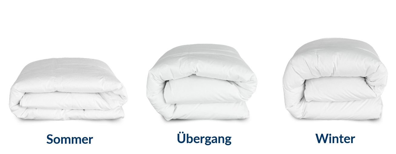 Drei gefaltete Daunendecken für Sommer, Übergang und Winter in Weiß.