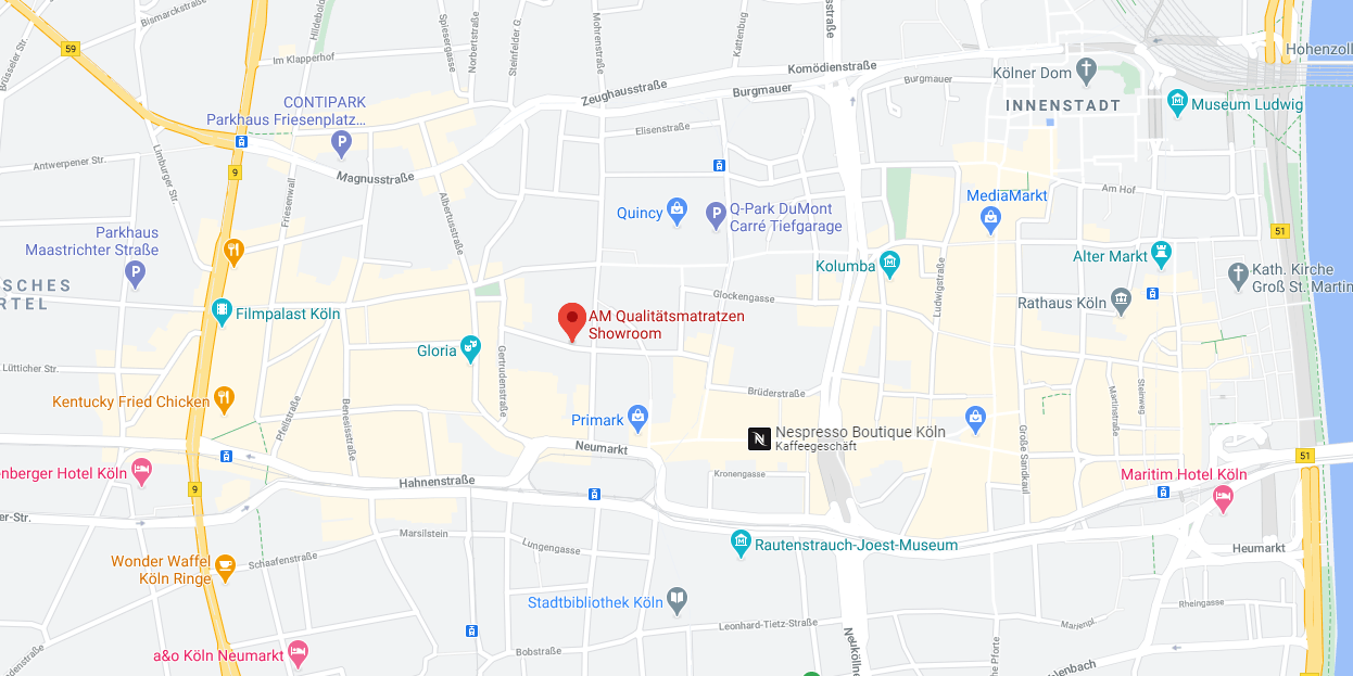 Karte mit Standortmarkierung für den AM Qualitätsmatratzen Showroom in Köln.