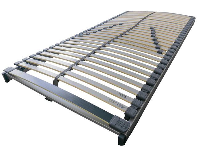 Lattenrost aus Holz mit flexiblen Leisten und stabiler Metallrahmenkonstruktion, geeignet für verschiedene Matratzenarten.