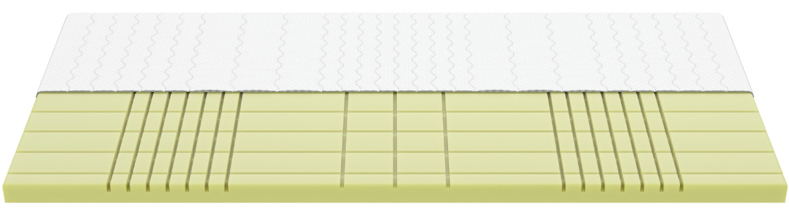Seitenansicht eines schmalen 3D-Toppers mit grünem Schaumstoffkern und weißem, gestepptem Bezug.