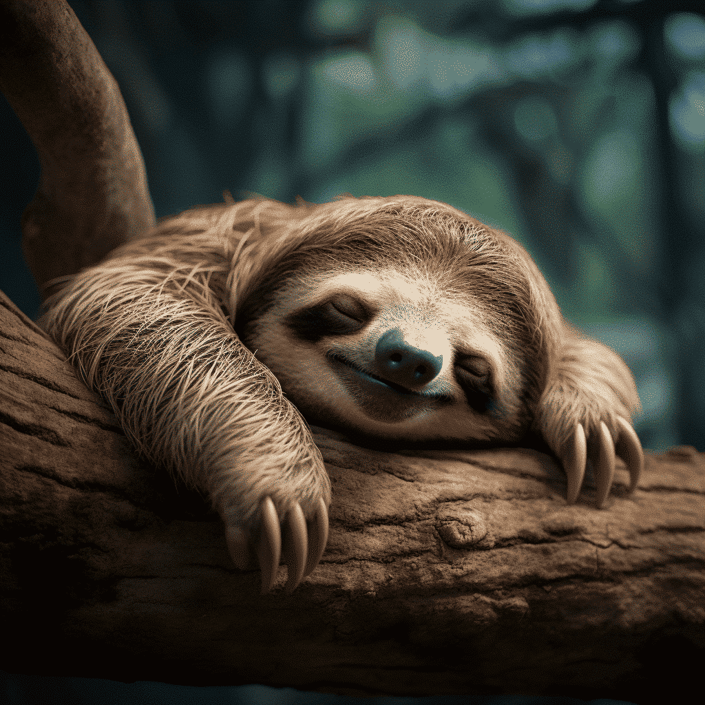 Ein schlafender Faultier liegt entspannt auf einem Baumstamm, mit einem zufriedenen Gesichtsausdruck und geschlossenen Augen.