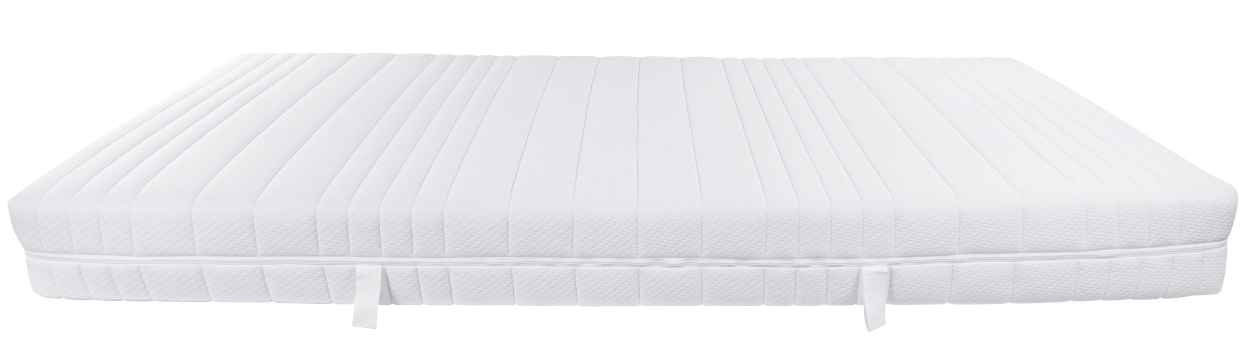 Eine weiße Matratze mit gestepptem Bezug und seitlichen Griffen für einfaches Wenden.