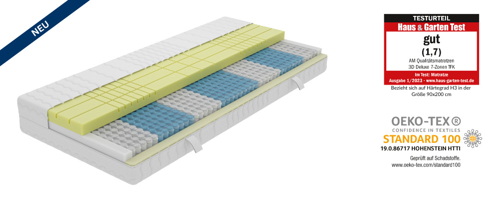 3D-Matratze mit 7 Zonen, TFK-Material, Größe 90x200 cm, getestet mit Note gut (1,7), Oeko-Tex Standard 100.