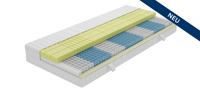 3D-Matratze mit mehrschichtiger Struktur in Blau und Gelb, neu im Sortiment, bietet ergonomischen Schlafkomfort.