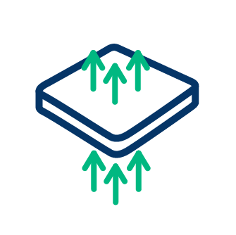 Atmungsaktives Material mit Luftzirkulation, dargestellt durch Pfeile, die nach oben zeigen.