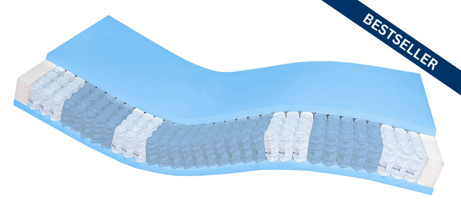 Matratze in blauer Farbe mit Taschenfederkern und ergonomischer Form, ausgezeichnet als Bestseller.